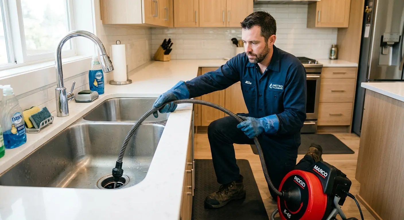 Drain cleaning technician using a motorized snake on a kitchen sink in Bigfork