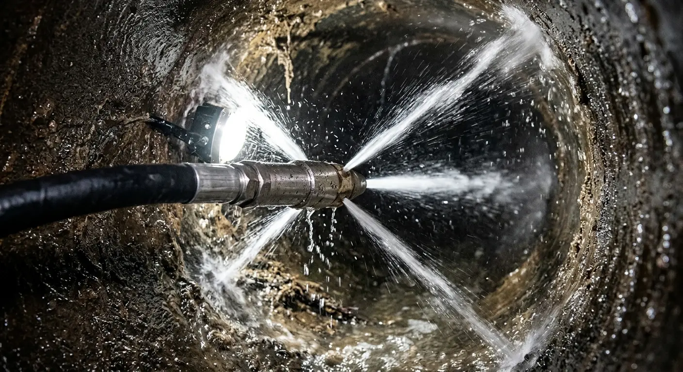 High-pressure hydro jetting nozzle cleaning sewer pipe for Emergency Drain Service in Bigfork