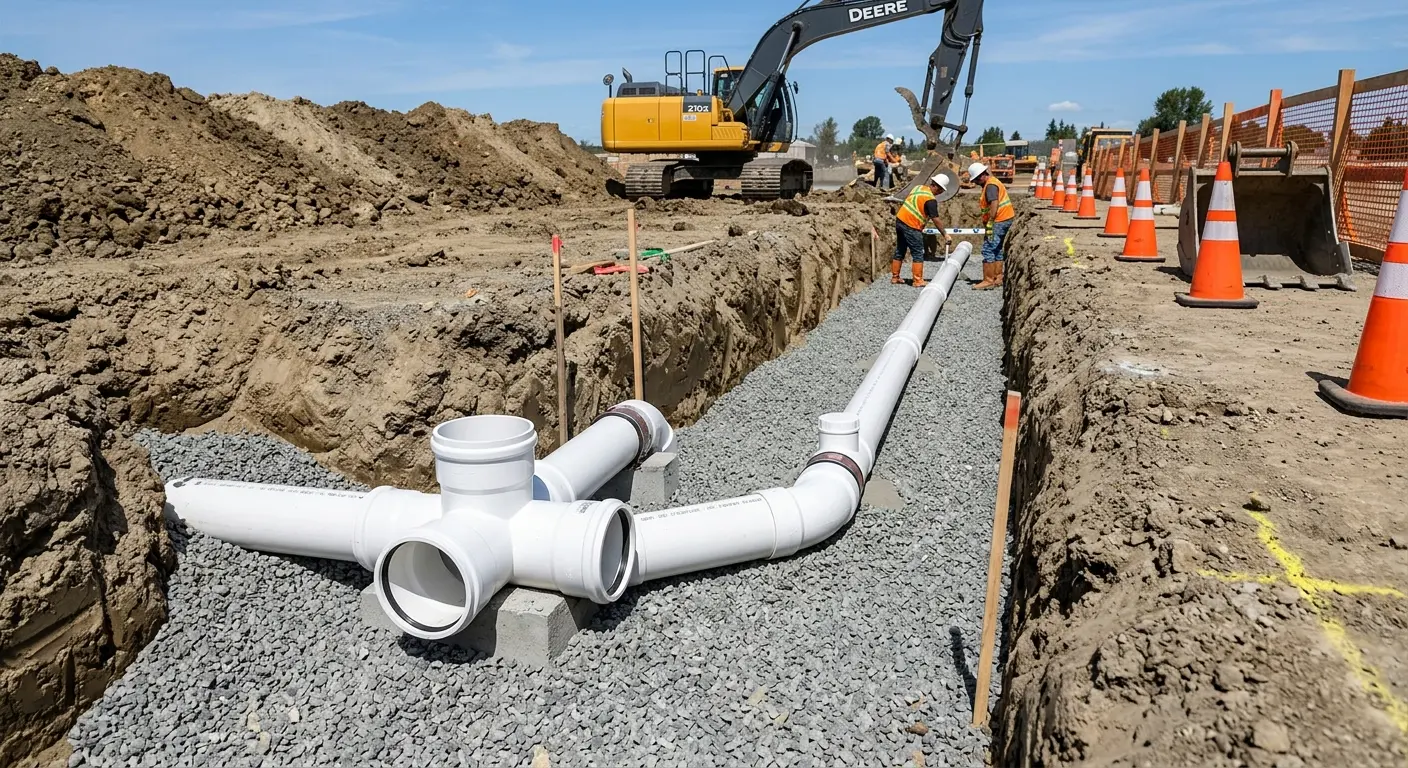 New PVC sewer pipe installation in open trench for Commercial Drain Cleaning in Bigfork