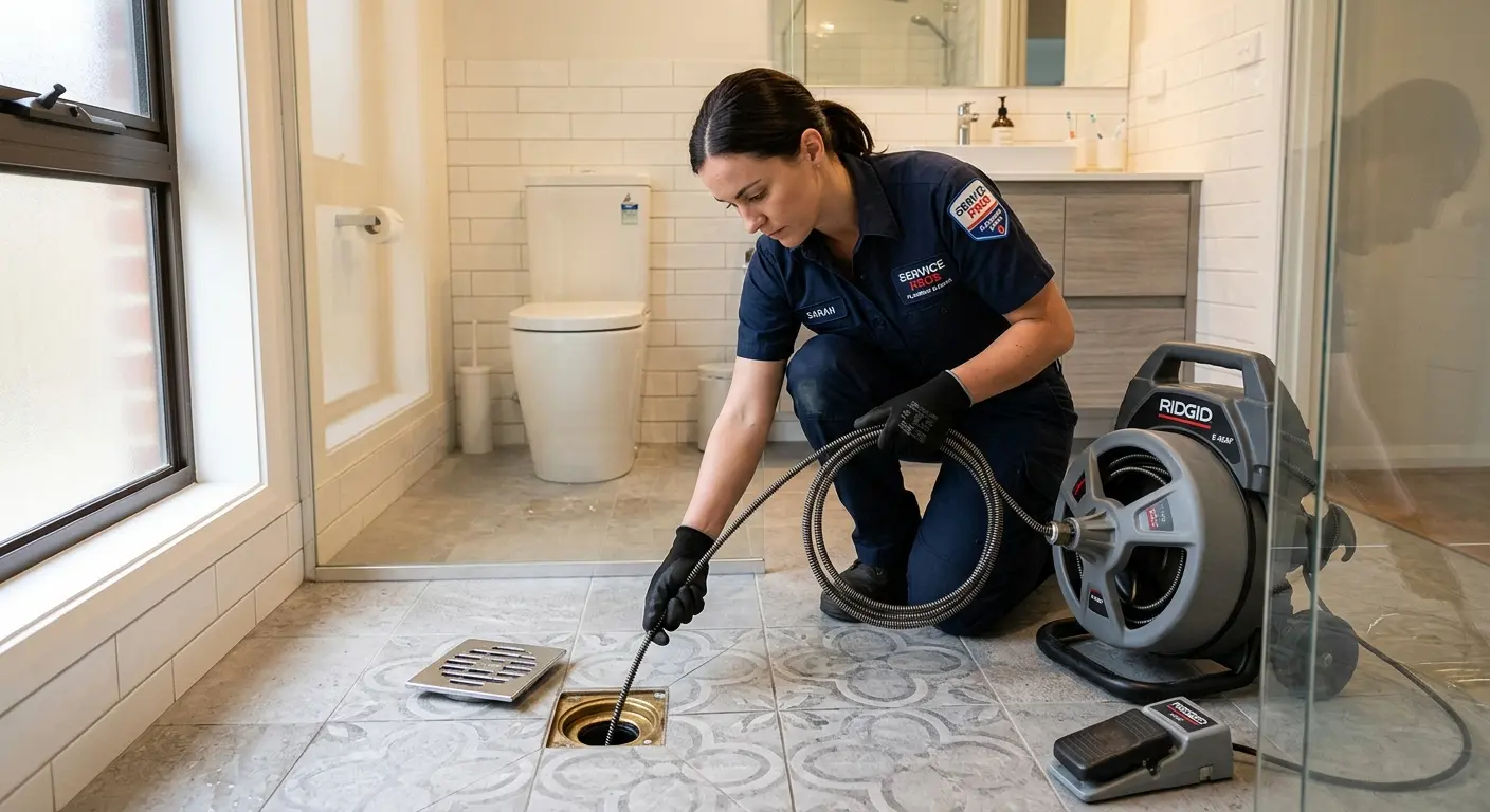 Technician clearing a bathroom floor drain for Drain Repair in Bigfork